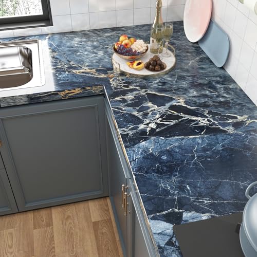 FunStick 36"x200" Large Gold Dark Blue Marble Countertop Contact Paper Waterproof Marble Wall Paper Peel and Stick Countertops Adhesive Vinyl Countertop Wrap for Kitchen Bathroom Cabinet Wallpaper - color: Navy Blue and Gold, size: 200" x 36"