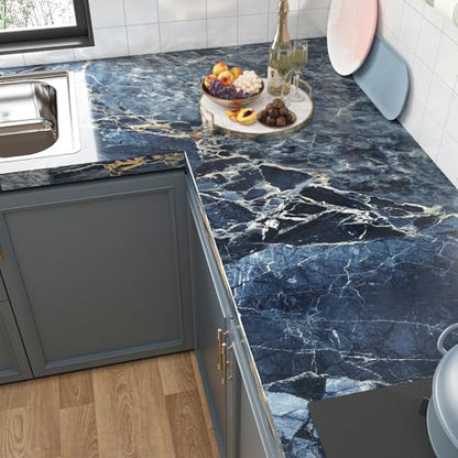 FunStick 36"x200" Large Gold Dark Blue Marble Countertop Contact Paper Waterproof Marble Wall Paper Peel and Stick Countertops Adhesive Vinyl Countertop Wrap for Kitchen Bathroom Cabinet Wallpaper - color: Navy Blue and Gold, size: 200" x 36"