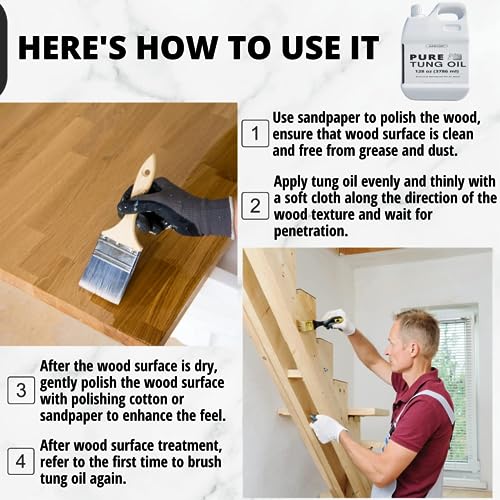 128oz 100% Pure Tung Oil with Brush, Food Safe Waterproof Low Odor - size: 128 Fl Oz