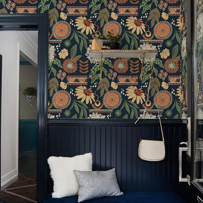 Simon&Siff Boho Sun Floral Retro Peel and Stick Wallpaper 17.3" x 80" - color: Blue, size: 17.3" x 80"