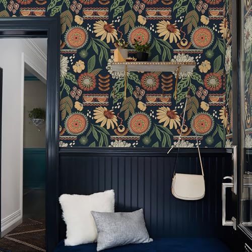 Simon&Siff Boho Sun Floral Retro Peel and Stick Wallpaper 17.3" x 800" - color: Blue, size: 17.3" x 800"
