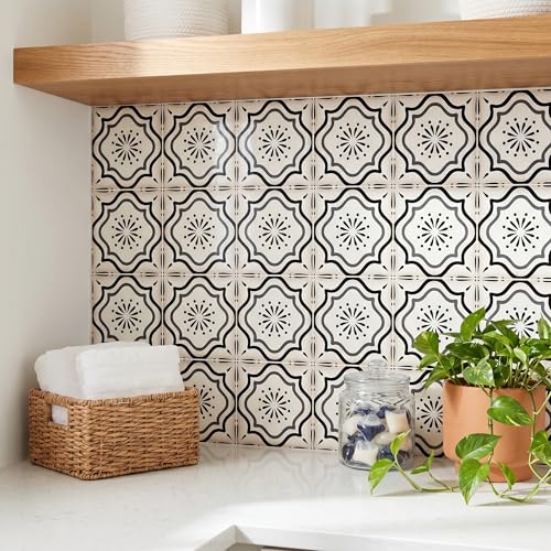 30 Count Moroccan Tile Decals 4 in – Self Adhesive Vinyl Wall Stickers, Waterproof Peel & Stick for Kitchen Backsplash, Bathroom, Stair Tread Accent, Neutral Tan/Black (Black) - color: Black