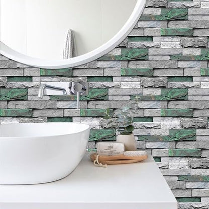 Alwayspon 12Pcs 12x6inch Peel&Stick Wall Sticker Vinly Wallpaper, Waterproof Backsplash for Kitchen Bathroom, Self-Adhesive Tile Transfers Decal Stick on Tiles with Dark Green Stone Brick Effect - color: Fg-l12, size: 12 Pcs