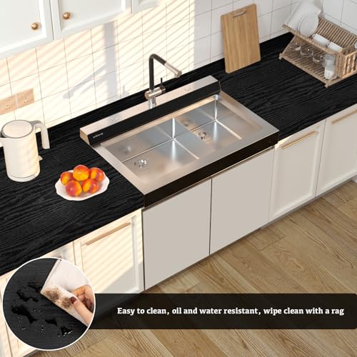 Abyssaly Black Wood Grain Contact Paper Peel and Stick Wallpaper Vinyl Wrap - color: Black, size: 17.7" x 118"