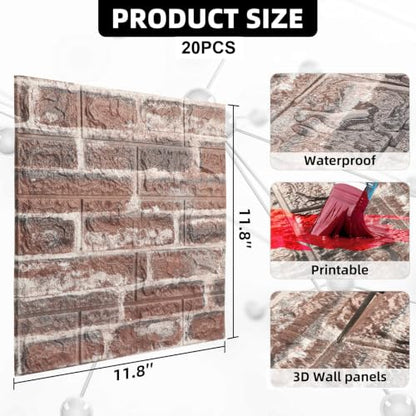 3D Wall Panels Peel and Stick Faux Foam Brick Wallpaper Covering - color: Red Brick, size: 20 Pcs