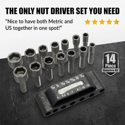 Drilax 14-Pc Nut Driver Bit Set, SAE & Metric, 1/4 in Hex, Impact Ready