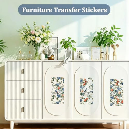 WANDIC 3 Sheets Rub on Transfers for Crafts,Blue Flower and Bird Theme Scrapbooking Stickers Furniture Transfers Journal Stickers Flower Pattern Decals for DIY Water Bottle Window Laptop,15 * 30cm - color: Blue Flower Bird