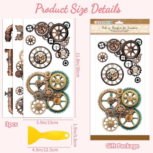 Peacoblue Steampunk Gears Rub On Transfers for Furniture Craft 6"x12" - style: Steampunk Gears