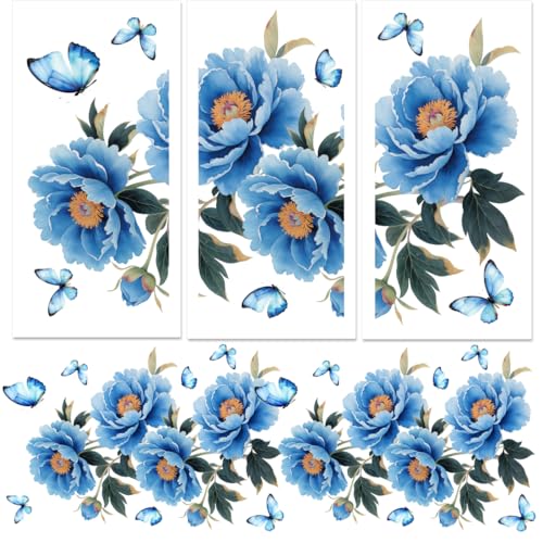 3 Sheet Blue Peony Flower Rub on Transfers for Furniture Decals, Cabinet Stickers for Dresser Drawer Kitchen Farmhouse, Removable Vinyl Stickers Easy Peel and Stick, 6"x12" Large Pattern - style: Blue peony flower