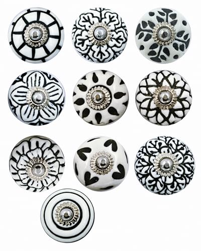 Set of 10 Ceramic Cabinet Colorful Knobs for Kitchen, Cabinet, Drawer, Wardrobe (Black & White2) - color: Black & White2