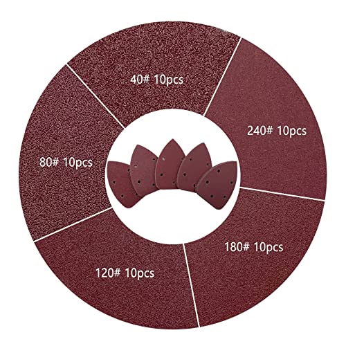 Detail Sander Sandpaper, Assorted 40/80/120/180/240 Grits Mouse Sanding Pads 5 Holes Hook and Loop Sanding Sheets for 140mm Mouse Palm Detail Sanders, 50pcs - size: Mixed Grits