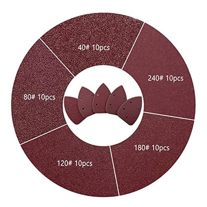Detail Sander Sandpaper, Assorted 40/80/120/180/240 Grits Mouse Sanding Pads 5 Holes Hook and Loop Sanding Sheets for 140mm Mouse Palm Detail Sanders, 50pcs - size: Mixed Grits