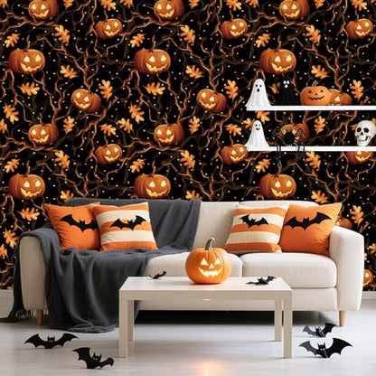 HLNIUC Halloween Spooky Horror Pumpkin Wallpaper Self Adhesive(17.3”x118”) - color: Hallwoween