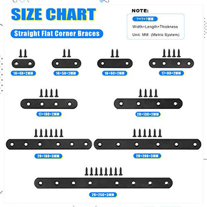Glarks 15 Sets 130mm Flat Straight Corner Brace Black Metal Joint Plate Connector Repair Fixing Bracket with 65Pcs Screws for Wood Furniture (130x20x3mm) - size: 130x20x3mm