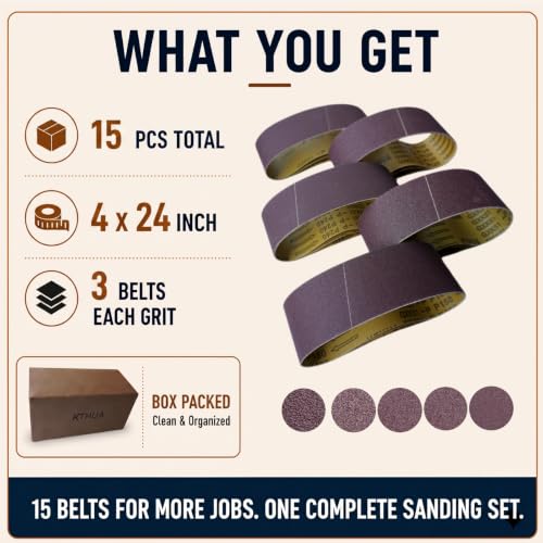 4x24 Sanding Belts, 15 Pack, 3 Each of 80/120/150/240/400 Grits - size: 4 x 24 in, 15-Pack