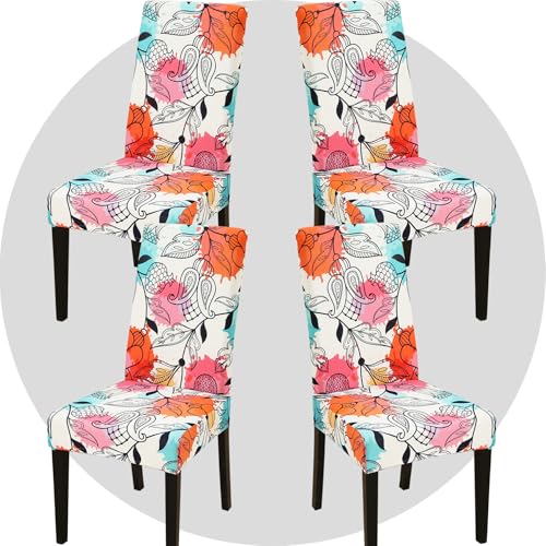 Stretch Chair Covers Slipcovers Set of 4 Printed Stretchable Dining Chair Slipcover Washable Removable for Kitchen,Hotel,Restaurant - color: Fanhua, size: 4