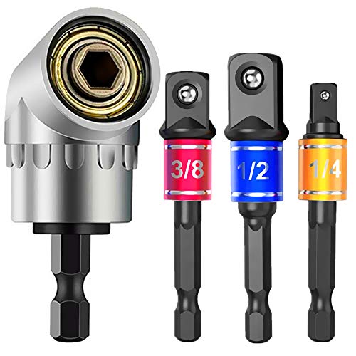 CIGOTU Impact Grade Power Hand Tools Driver Sockets Adapter Extension Set, 3Pcs 1/4 3/8 1/2" Hex Shank Drill Nut Driver Bit Set + 105 Degree Right Angle Driver Extension Screwdriver Drill Attachment - color: 3black+1silver