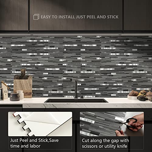 Midcard 10 Sheets Peel and Stick Backsplash PVC Wall Tile,for Kitchen Backsplash - color: Rectangular Black Grey Wood with Metal Silver