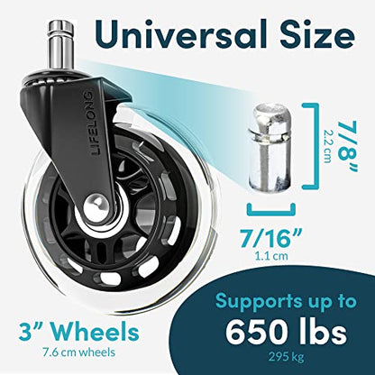 Lifelong Office Chair Wheels Replacement, Heavy Duty, 10 Pack Fits 98% - color: 10 Pack Clear & Black, size: 3 Inch