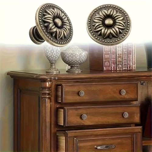 Vintage Drawer Pulls, Antique Brass Cabinet Knobs and Pulls - Flower Shape Metal Drawer Handles for Cabinets, Dressers, Furniture (4 Pack, Bronze Tone)