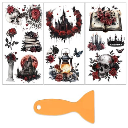 OLYCRAFT 3Pcs/Set Gothic Rose Rub on Transfers for Furniture and Crafts 6x12 Inch Skull Furniture Decals Decor Red Moon Transfer Stickers with 1pc Scraper for Glass Cups Cabinets DIY Home Decor - style: Gothic