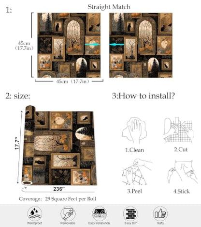Black Gothic Peel and Stick Wallpaper, Dark Academia Witchy Wallpaper - size: 17.7" x 236"