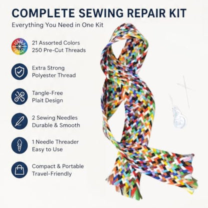 Extra Strong Sewing Thread Plait Kit, 21 Colors-Cut Polyester Threads for Hand Sewing Repair, Portable Travel Mending Kit with Needles & Threader, Compact Emergency Sewing Supplies