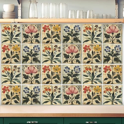 Faccito 24 Pcs Boho Flower 4x4 Tile Stickers Peel Stick Wall - style: Boho Flower