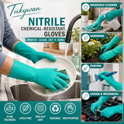15 Mil Chemical Resistant Nitrile Gloves, Latex free Durable Cleaning Gloves, Resist Acid, Alkali, Solvent and Oil - color: 2 Pair-green, size: X-Large