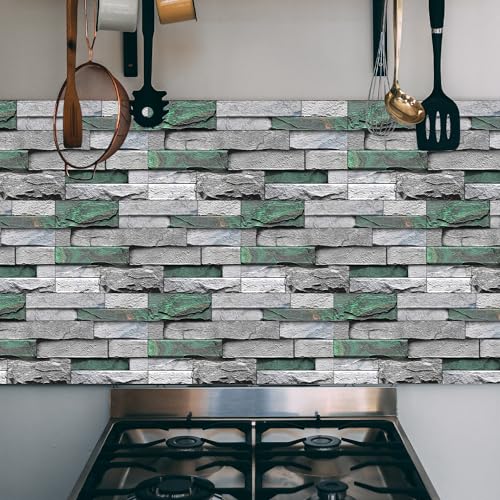 Alwayspon 12Pcs 12x6inch Peel&Stick Wall Sticker Vinly Wallpaper, Waterproof Backsplash for Kitchen Bathroom, Self-Adhesive Tile Transfers Decal Stick on Tiles with Dark Green Stone Brick Effect - color: Fg-l12, size: 12 Pcs