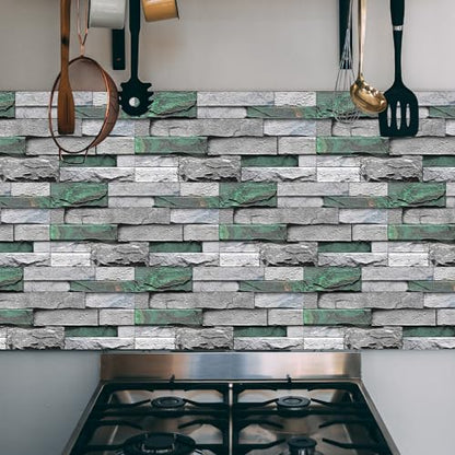 Alwayspon 12Pcs 12x6inch Peel&Stick Wall Sticker Vinly Wallpaper, Waterproof Backsplash for Kitchen Bathroom, Self-Adhesive Tile Transfers Decal Stick on Tiles with Dark Green Stone Brick Effect - color: Fg-l12, size: 12 Pcs
