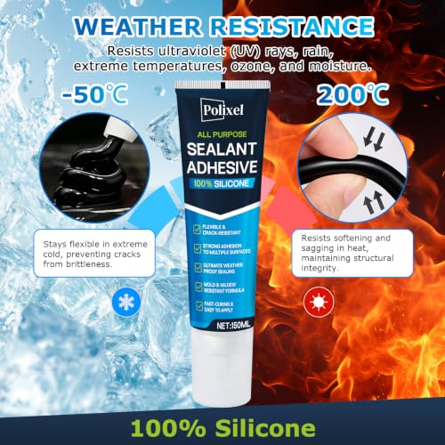 Black RTV Silicone Sealant Adhesion – 100% Silicone Caulk, Waterproof Sealant for Windshield, Headlights, Sunroof, Kitchen, Bathroom & Home Fast Curing, Crack-Proof – 5oz/150g