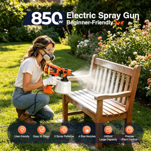 Paint Sprayer, 1400ml&850W Spray Paint Gun with 4 Nozzles & 3 Patterns - color: Orange