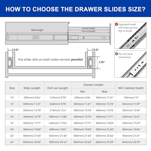 LONTAN 6 Pairs 22 Inch Soft Close Drawer Slides Heavy Duty 100lb Capacity - size: 22 Inch