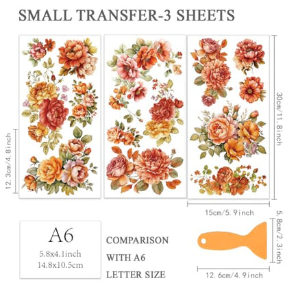 OLYCRAFT 3Pcs/Set Orange Flower Rub on Transfers for Furniture and Craft 6x12 Inch Peony Furniture Decal Transfer Sticker Rub on Decal with 1pc Scraper for Scrapbook Window Home Decoration - style: Orange Flower