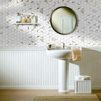 DICOFUN 10-Sheet Hexagon Tile Peel and Stick Backsplash, White Marble Look PVC Mixed Golden Metal Mosaic Tiles for Kitchen and Bathroom - color: Marble White + Gold Metal Chip, size: 10 Sheets, 12''x12''x0.12''