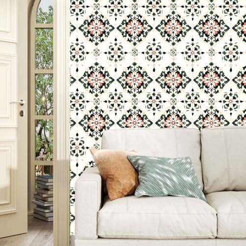 BOKEBEVE Boho Floral Peel and Stick Wallpaper Beige Green 17.5 x 118In - color: Beige/Yellow/Green, size: 17.5" x 118"