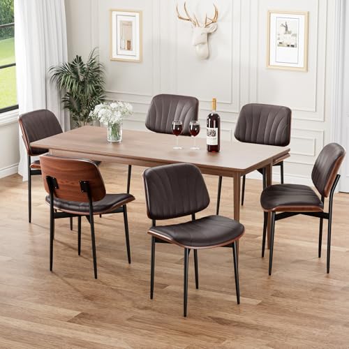 REONEY Dining Chairs Set of 4, Mid-Century Modern Kitchen Chairs, Brown - color: Dark Brown Shell Strips
