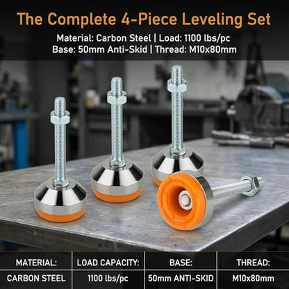 Heavy Duty Leveling feet, 1.95" Dia Base,M10 Thread,1100 lb Capacity,4Pcs - size: D1.95in x M10 x H3.15in