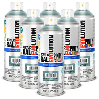 PINTY PLUS Water Based Spray Paint, 11oz, Low GWP Propellant, Low Odor, Gloss Grey, Wood, Metal, Glass, Ceramics, Terra Cotta, Plastic, Pack of 6 - color: Silver Grey