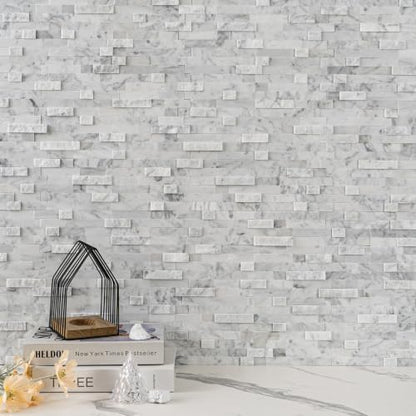 5-Sheet Real Stone Peel and Stick Backsplash — 3D Linear Marble Mosaic, 8mm Thick Solid Natural Stone Tiles for Kitchen, Fireplace & Vanity (11.5"x10.7", Mixed Gray) - color: Carrara white