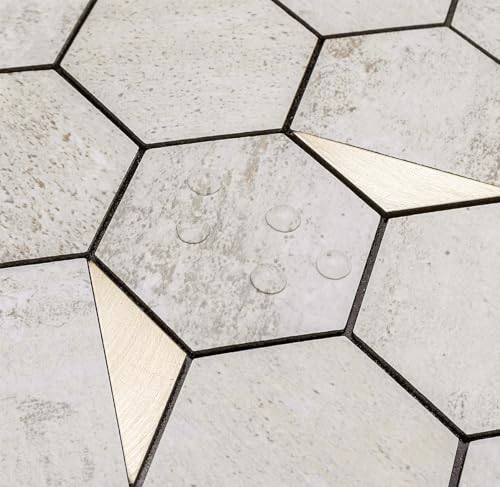 DICOFUN 10-Sheet Hexagon Tile Peel and Stick Backsplash, Beige Stone Look PVC Mixed Gold Metal Mosaic Tiles for Kitchen and Bathroom - color: Stone Beige + Gold Metal Chip, size: 10 Sheets, 12''x12''x0.12''