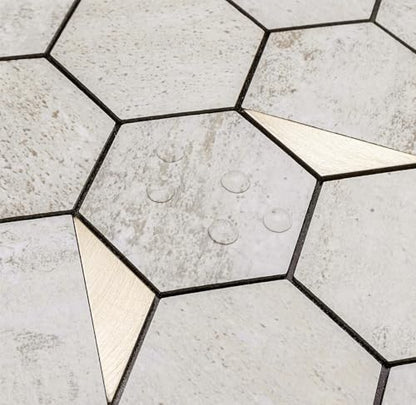 DICOFUN 10-Sheet Hexagon Tile Peel and Stick Backsplash, Beige Stone Look PVC Mixed Gold Metal Mosaic Tiles for Kitchen and Bathroom - color: Stone Beige + Gold Metal Chip, size: 10 Sheets, 12''x12''x0.12''