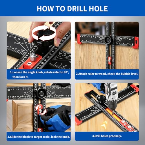 4-in-1 Drilling Positioning Ruler, Multi-Function T-Square，Adjustable 14 inches/35 cm, Woodworking Marking Tool, Cabinet Hole Drilling Template for Precise Drilling Angle Measurement and Marking