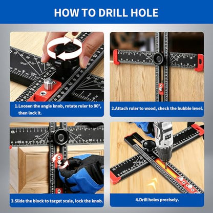 4-in-1 Drilling Positioning Ruler, Multi-Function T-Square，Adjustable 14 inches/35 cm, Woodworking Marking Tool, Cabinet Hole Drilling Template for Precise Drilling Angle Measurement and Marking