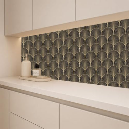 Peel and Stick Wallpaper, Black and Gold Art Deco Fan Pattern, 236in x 17.7in, Waterproof Vinyl, Removable Reusable, Eco-Friendly, for Bedroom Living Room Rental Apartment - color: Dark1, size: 17.7" x 236.2"
