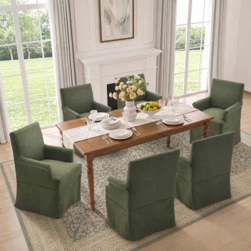 Arm Dining Chair Fabric Long Skirt Slipcovered High Back Upholstered Dinner - color: Green, size: 6 PCS