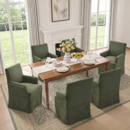 Arm Dining Chair Fabric Long Skirt Slipcovered High Back Upholstered Dinner - color: Green, size: 6 PCS