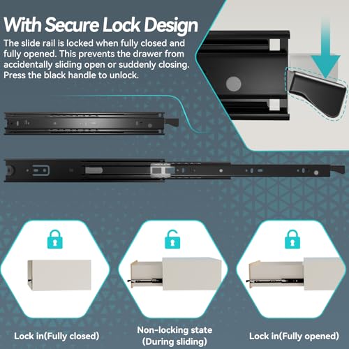 14 inch Locking Full Extension Ball Bearing Black Drawer Slides - color: Black, size: 14 Inch-With Lock