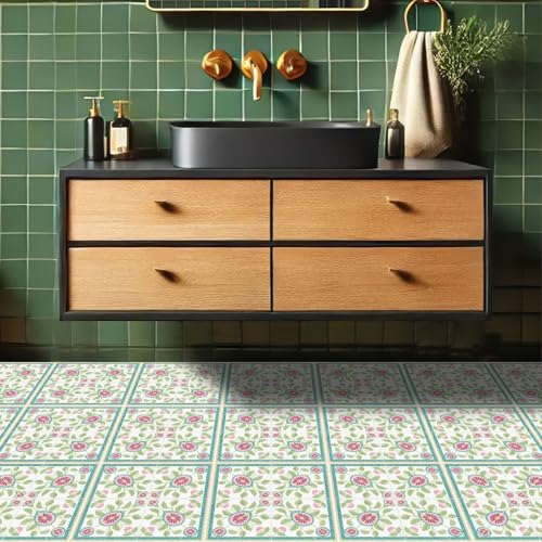 HOMETITUTE Teal Border Fig Floral Peel and Stick Tile Art Deco,12"x12" - color: Teal and Gold